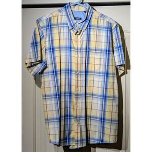 Izod Yellow Blue Plaid Short Sleeve Button Down Shirt Mens Sz L